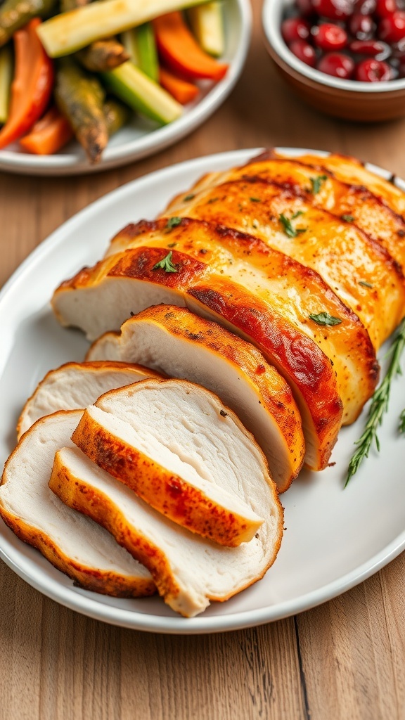 Sliced air fryer turkey breast on a plate, garnished with herbs, served with vegetables and cranberry sauce.